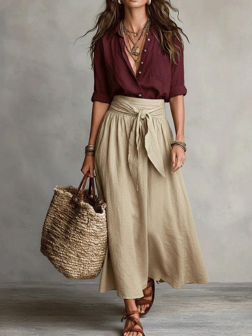 Vera™ | Conjunto de dos piezas: top negro y falda midi verde oliva