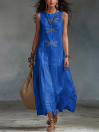 Vestido largo de algodón y lino con estampado de libélulas de estilo boho retro