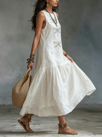 Vestido largo de algodón y lino con estampado de libélulas de estilo boho retro