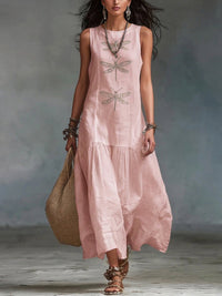 Vestido largo de algodón y lino con estampado de libélulas de estilo boho retro