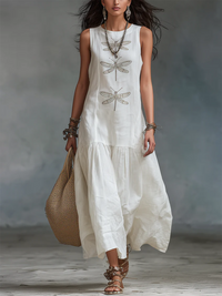 Vestido largo de algodón y lino con estampado de libélulas de estilo boho retro