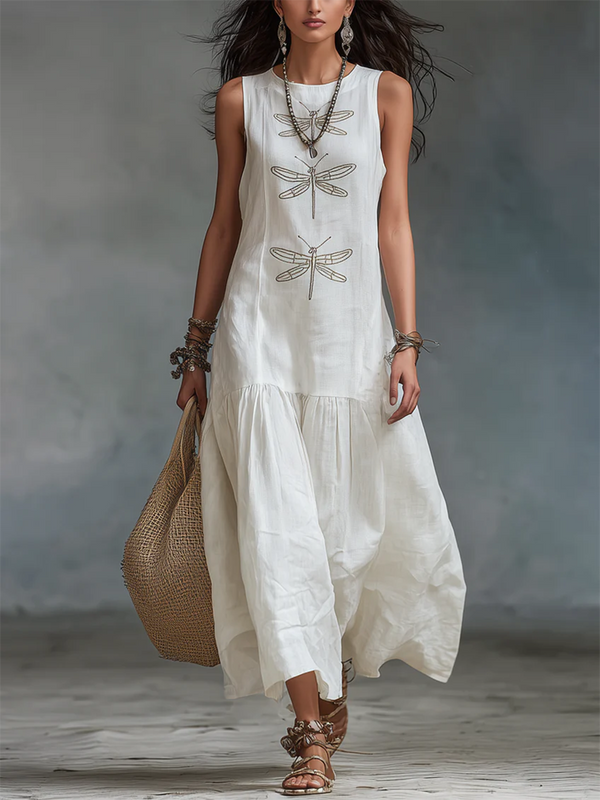 Vestido largo de algodón y lino con estampado de libélulas de estilo boho retro